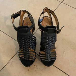 Black Faux Leather Gladiator Chunky Platform Heel
